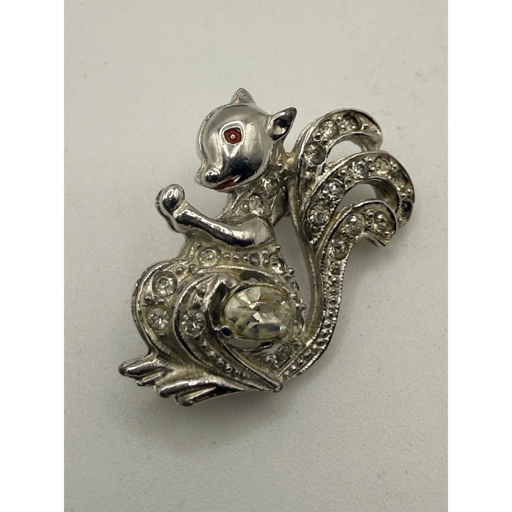 Vintage Squirrel Brooch Pin Silver Tone Rhinestone READ LOOK